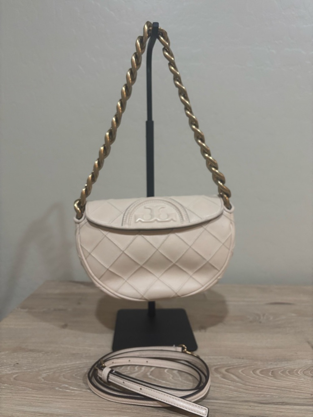 Tory Burch Quilted Cream Fleming Mini Cresent Shoulder Bag